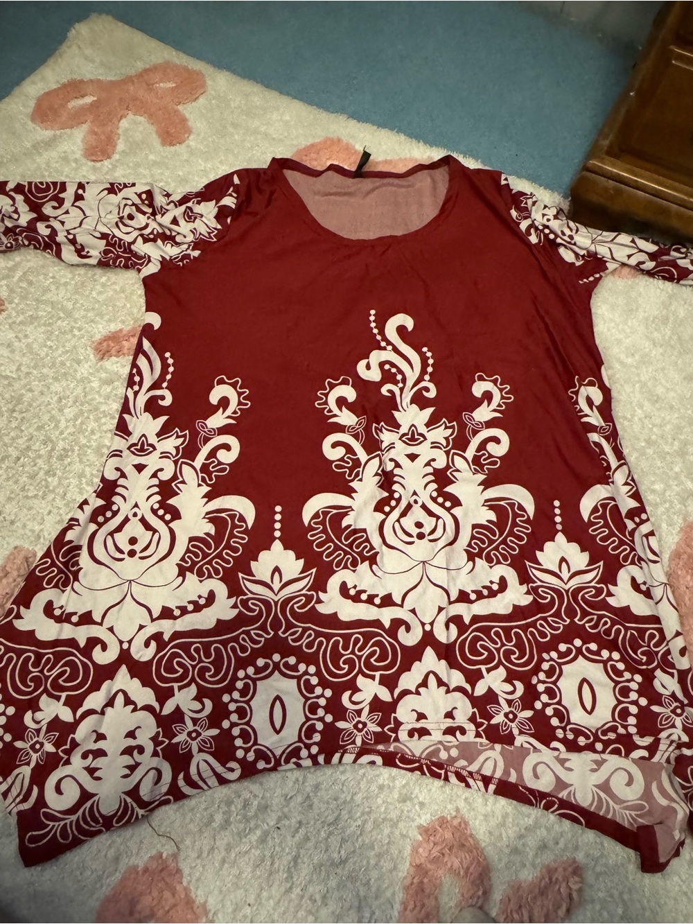 Red Floral-Print Tunic Dress with Cream Motif